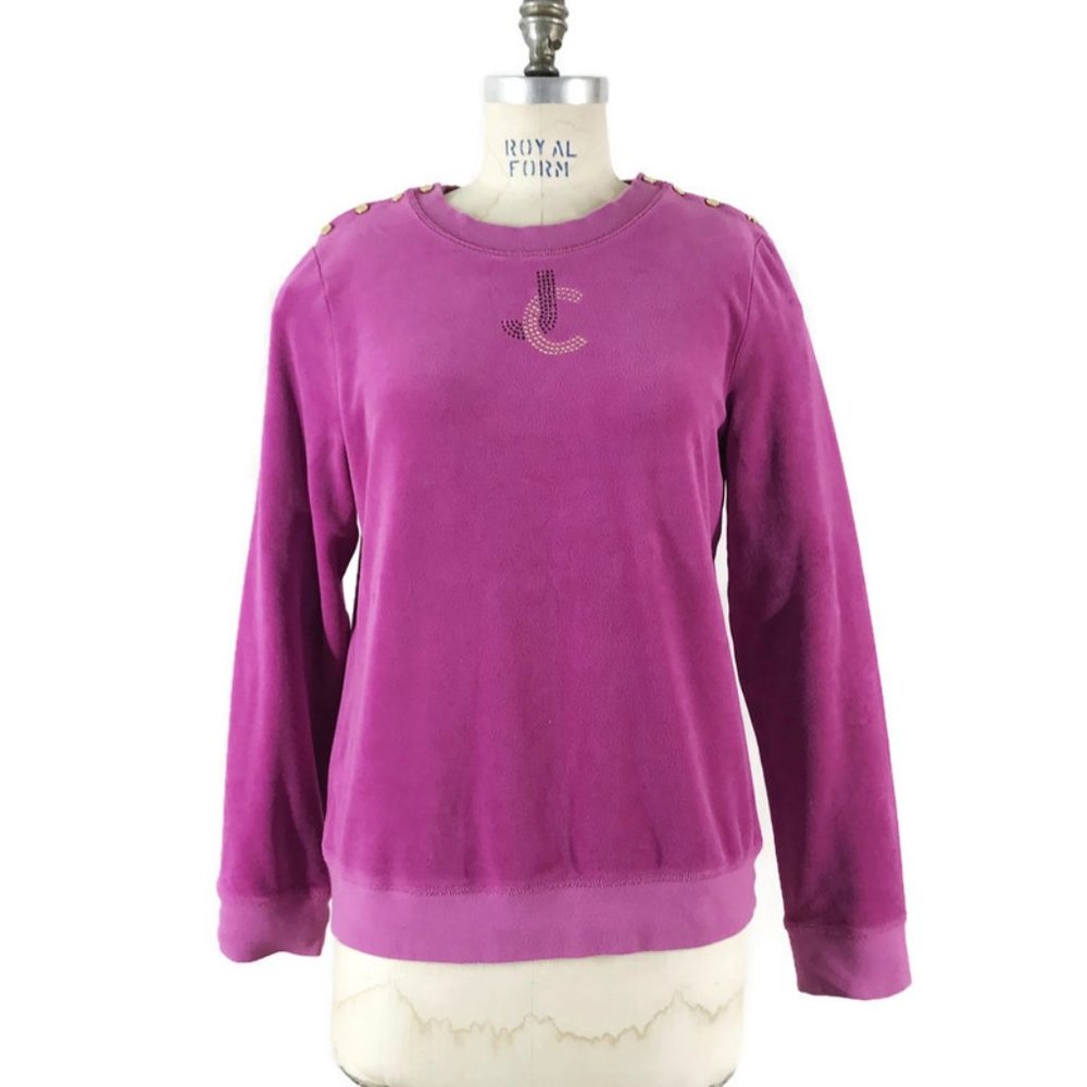 Juicy Couture Velour Pullover Sweatshirt Sweater Bling JC Gold Snaps